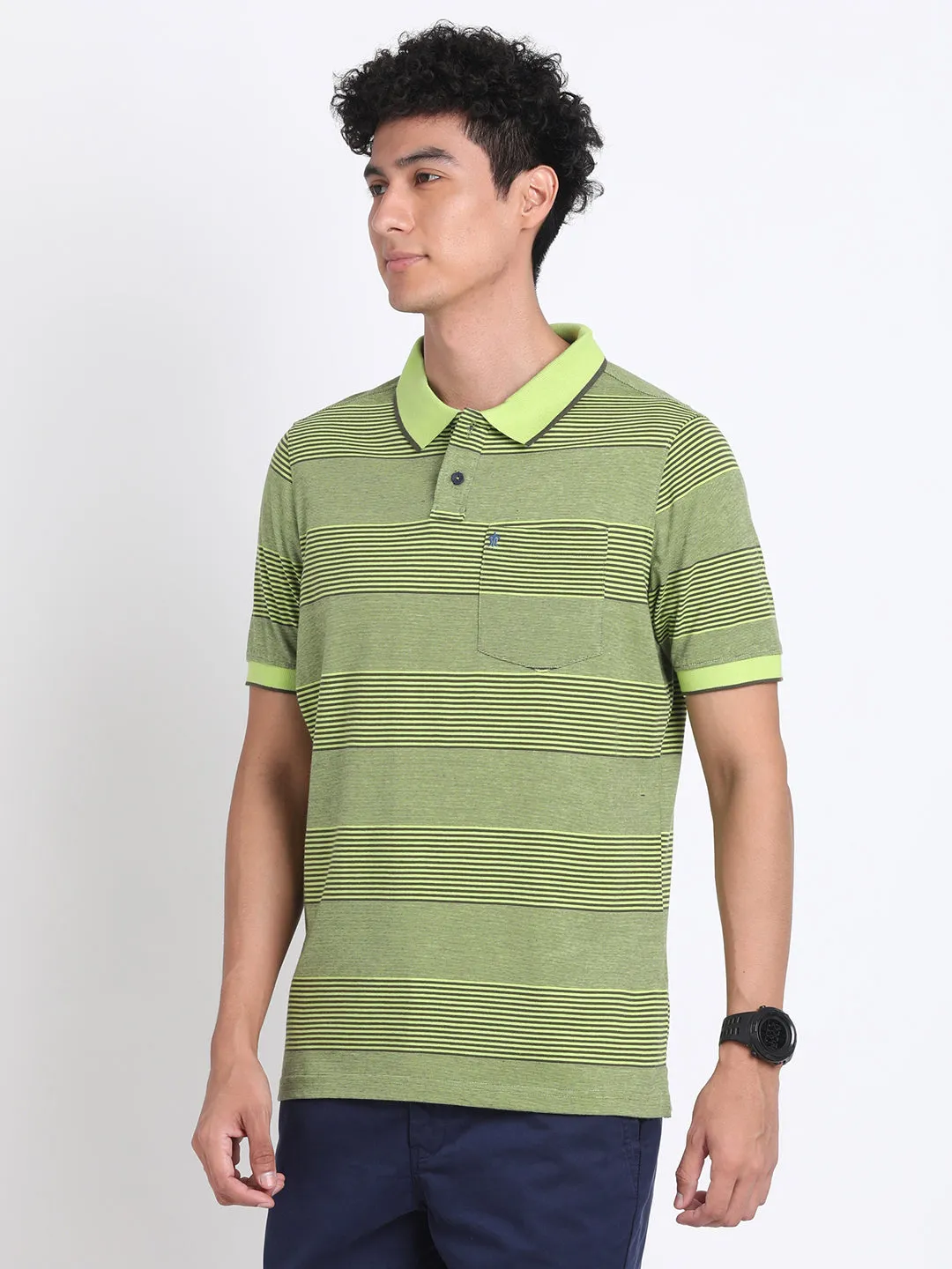 100% Cotton Green Striped Polo Neck Half Sleeve Casual T-Shirt