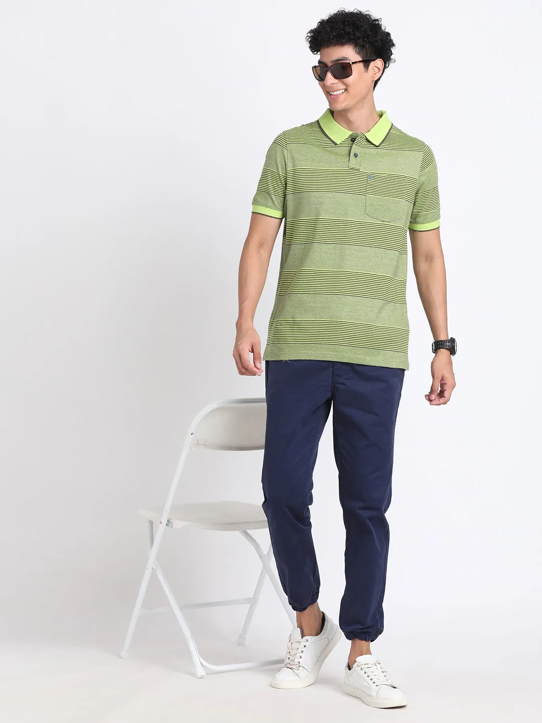 100% Cotton Green Striped Polo Neck Half Sleeve Casual T-Shirt