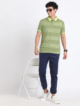 100% Cotton Green Striped Polo Neck Half Sleeve Casual T-Shirt