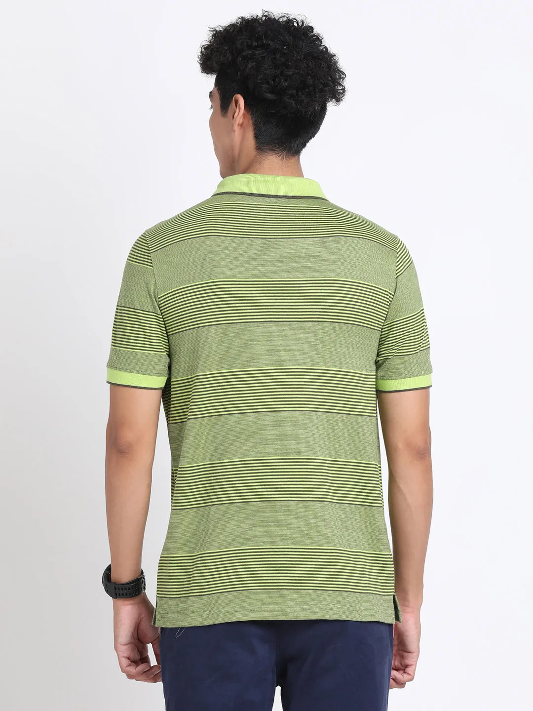 100% Cotton Green Striped Polo Neck Half Sleeve Casual T-Shirt