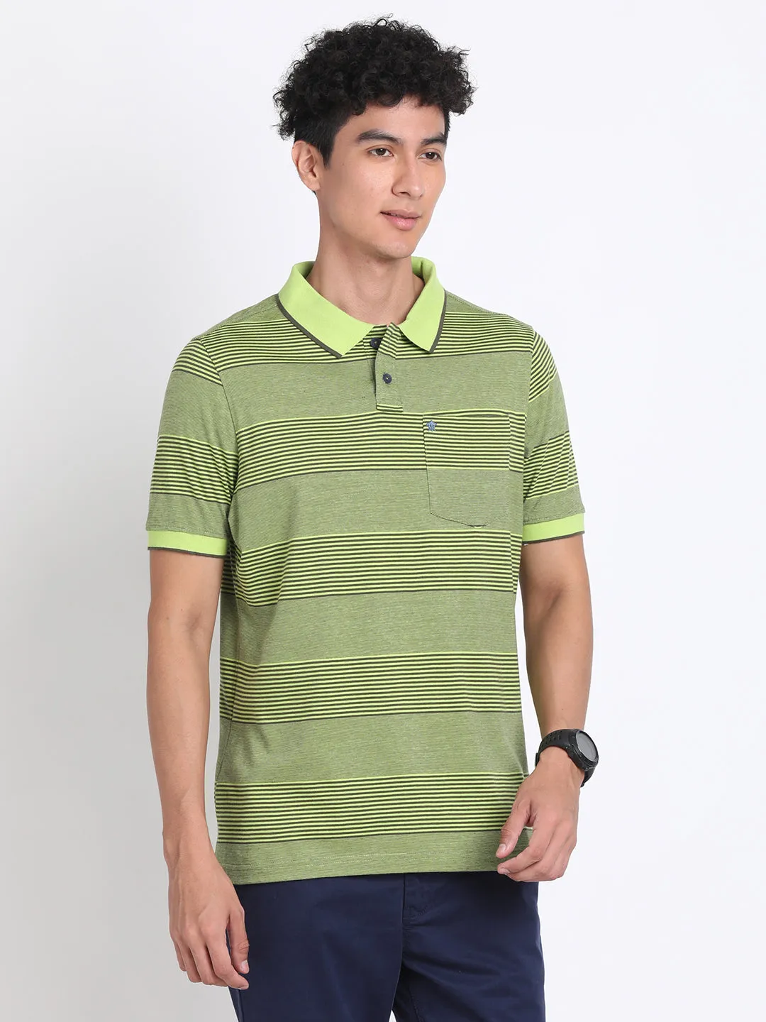 100% Cotton Green Striped Polo Neck Half Sleeve Casual T-Shirt