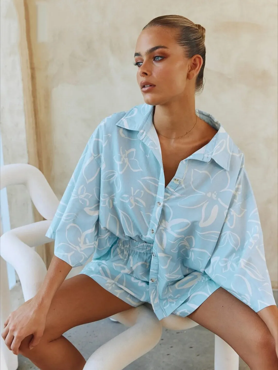 Ashore Shop Loose Tropical Print 2 Piece Sets Women Outfit 2023 Elegant Three Quarter Sleeve Shirts Matching High Waist Shorts Set