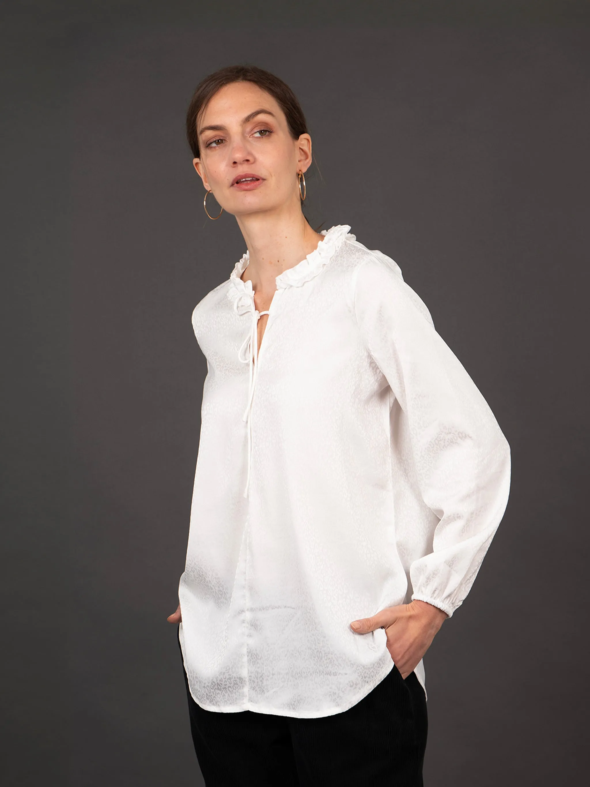 Ava Grandad Collar Blouse - White, Leopard