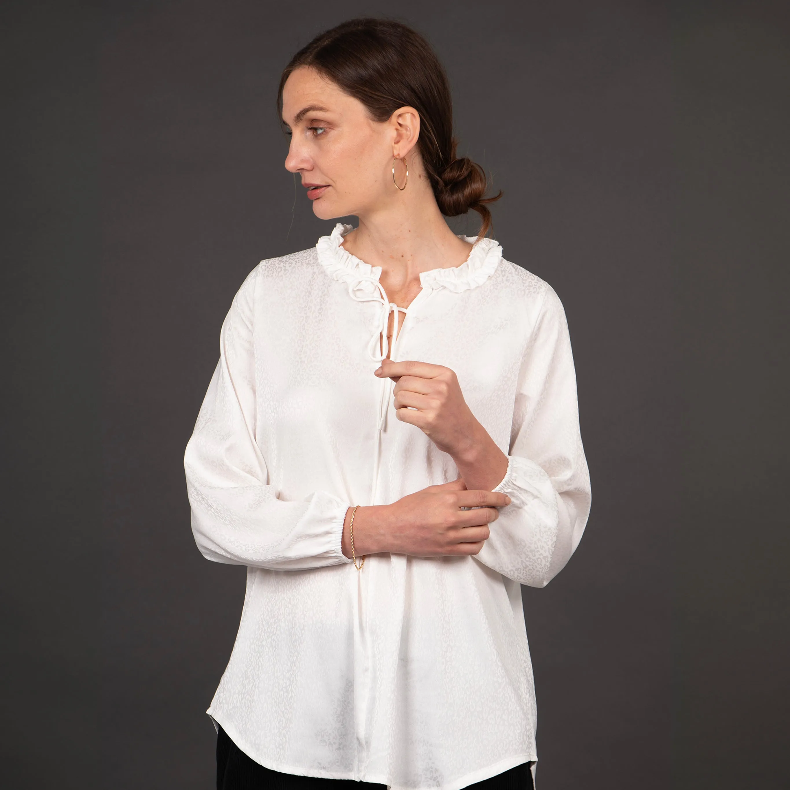 Ava Grandad Collar Blouse - White, Leopard