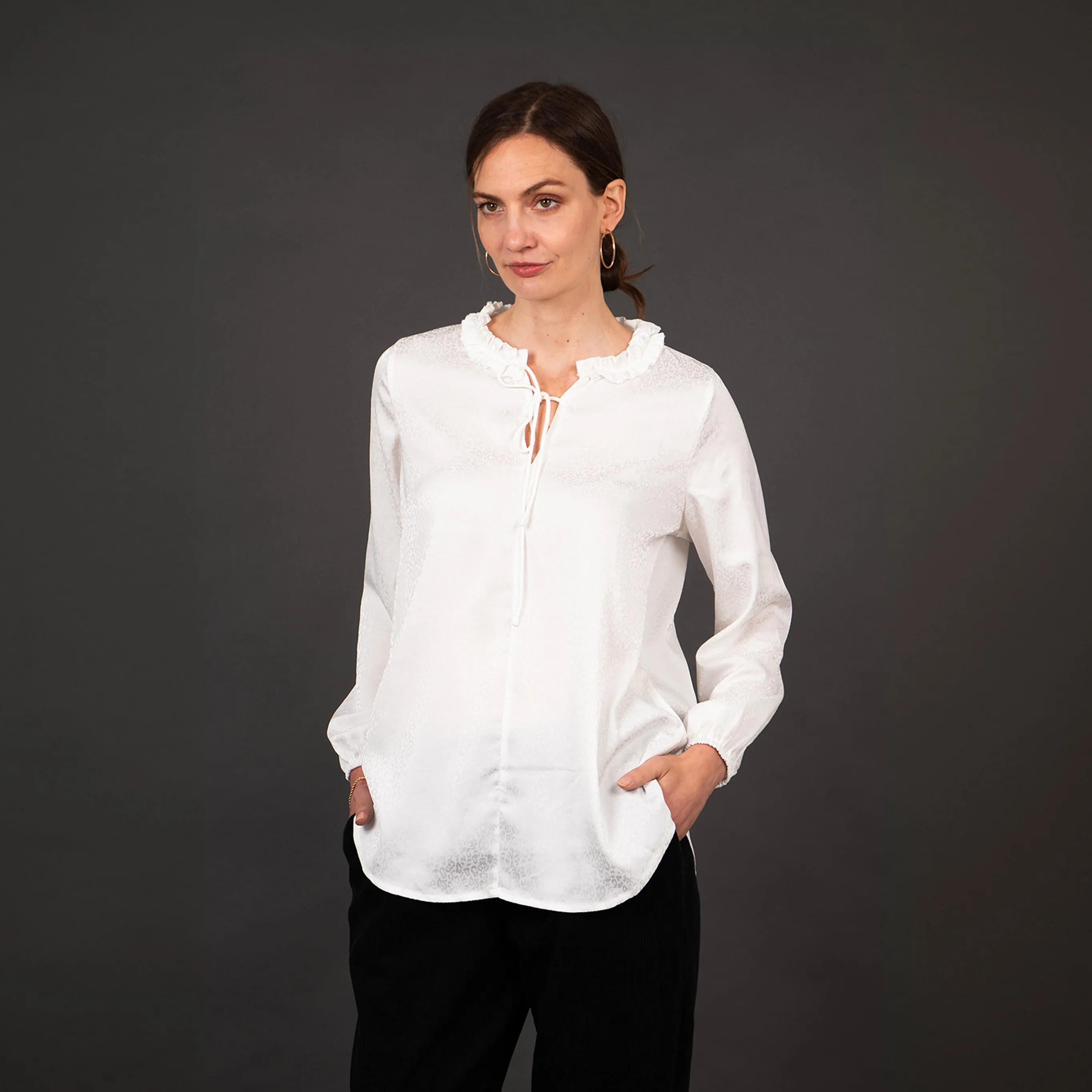 Ava Grandad Collar Blouse - White, Leopard