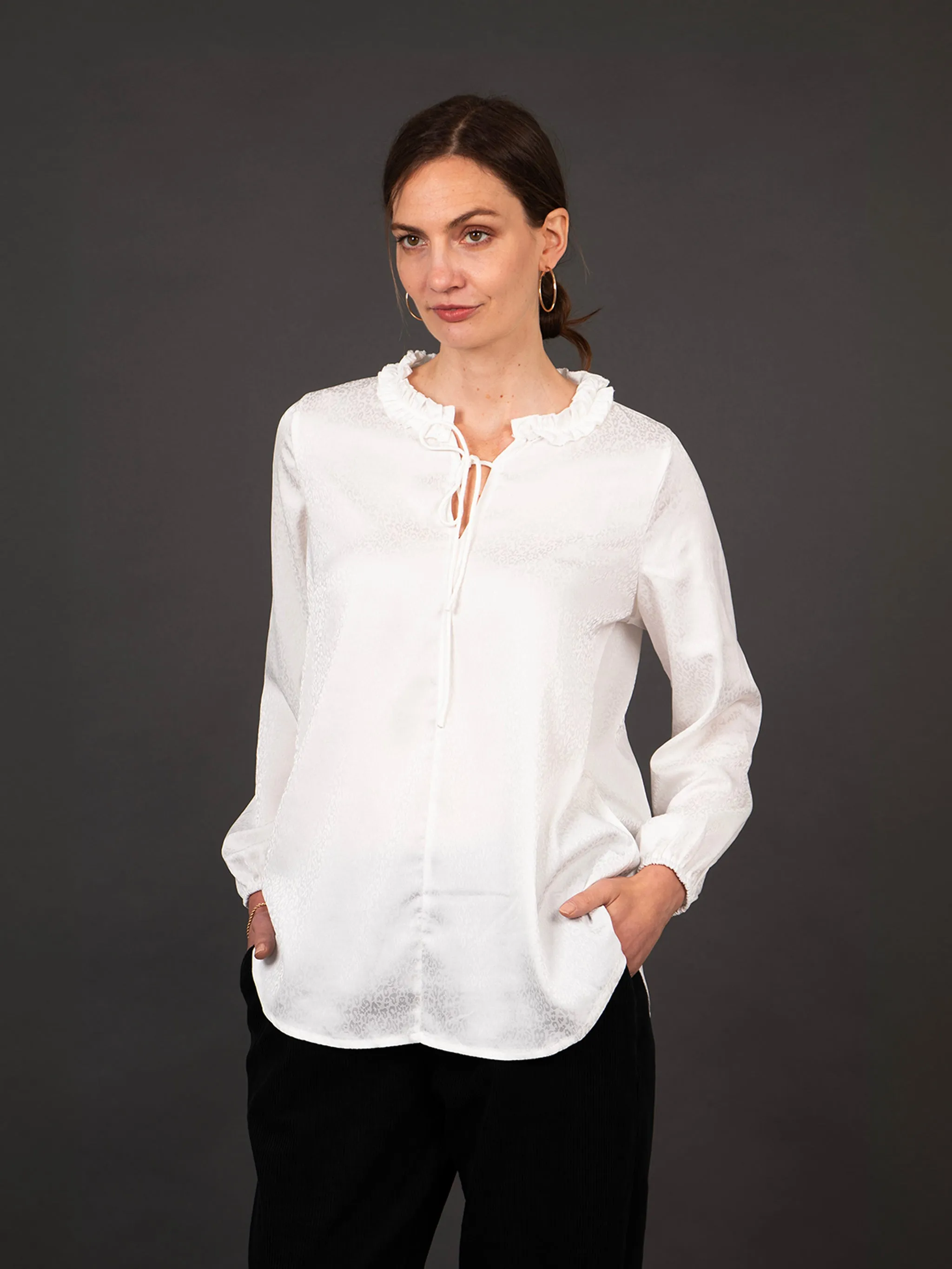 Ava Grandad Collar Blouse - White, Leopard