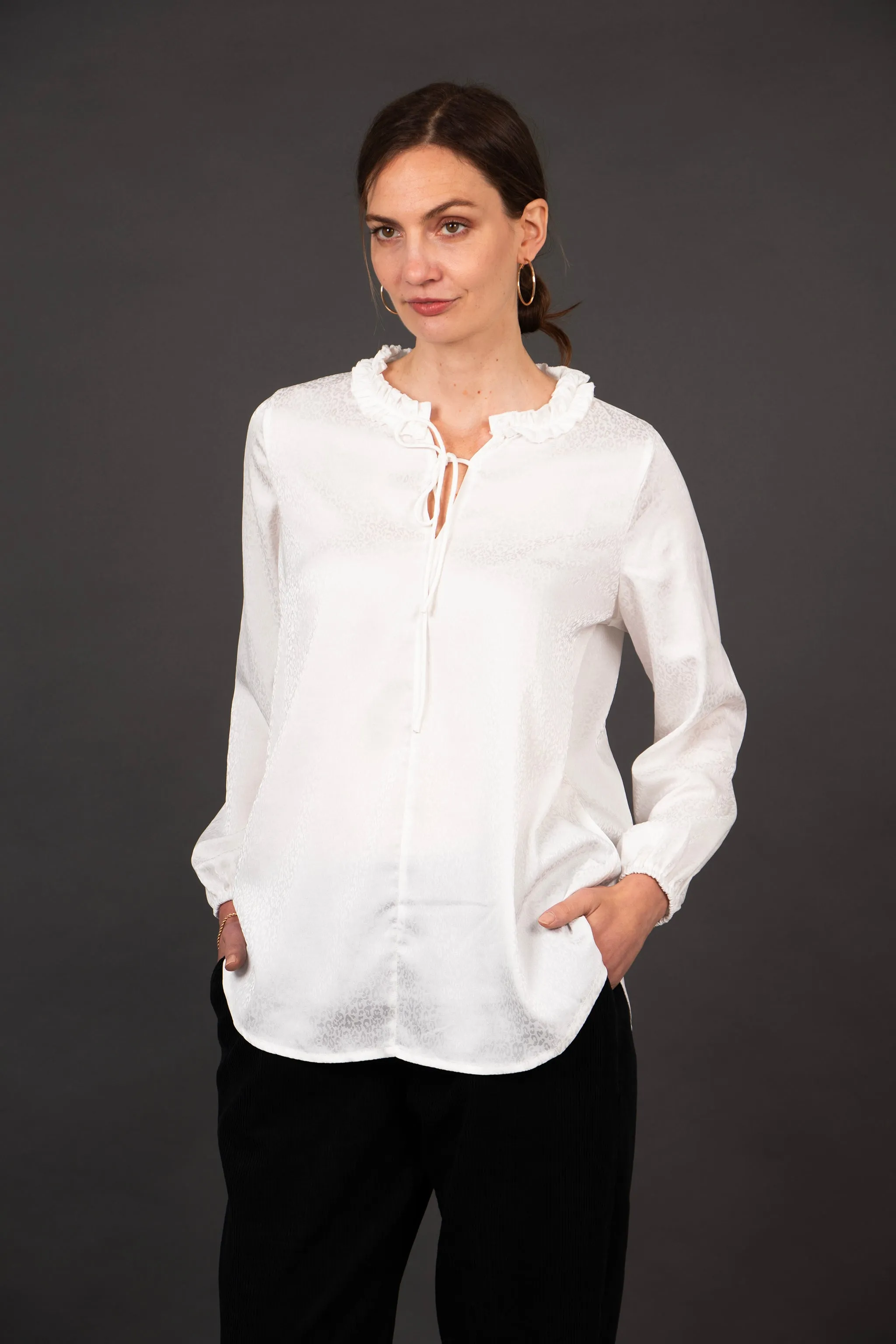 Ava Grandad Collar Blouse - White, Leopard