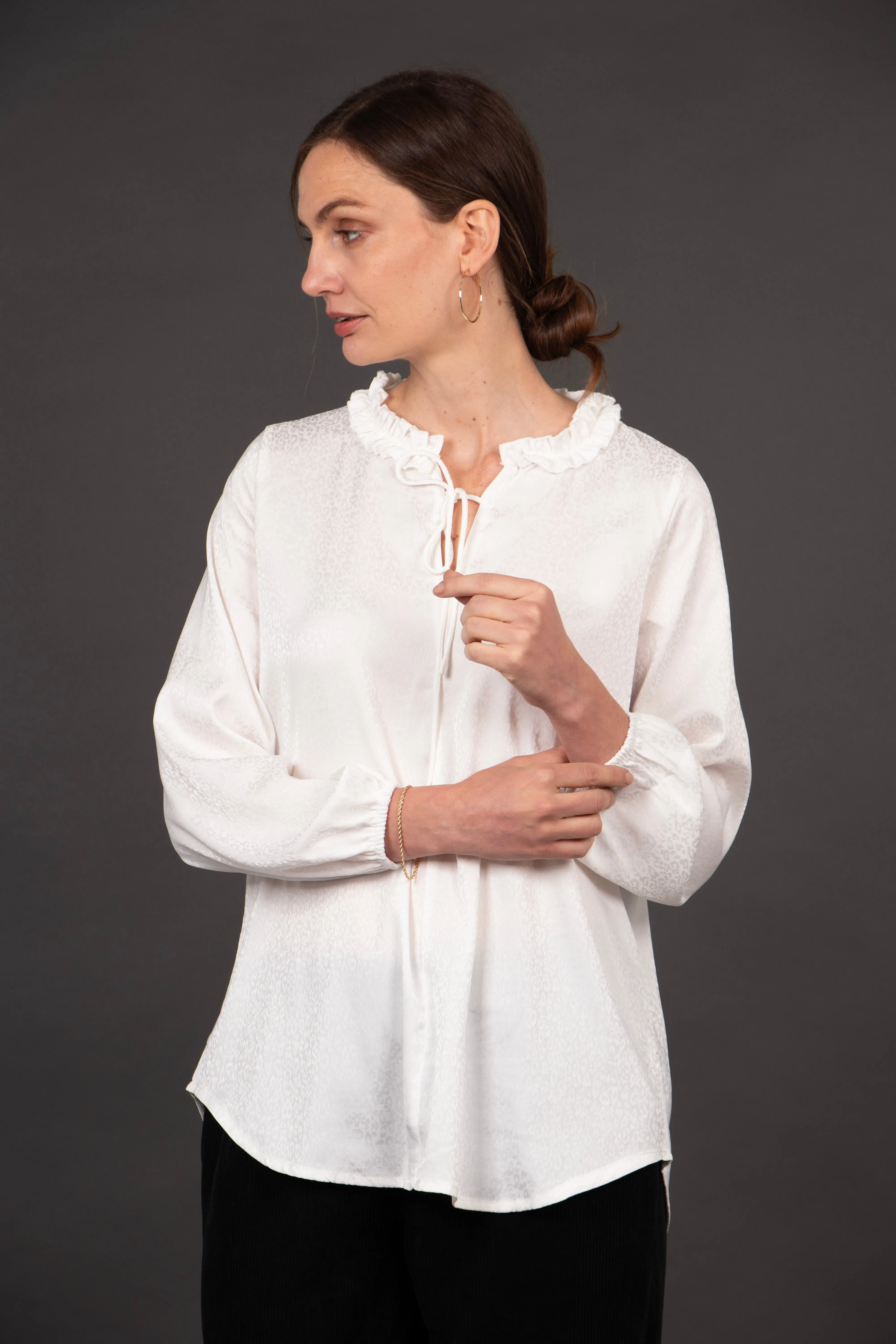 Ava Grandad Collar Blouse - White, Leopard