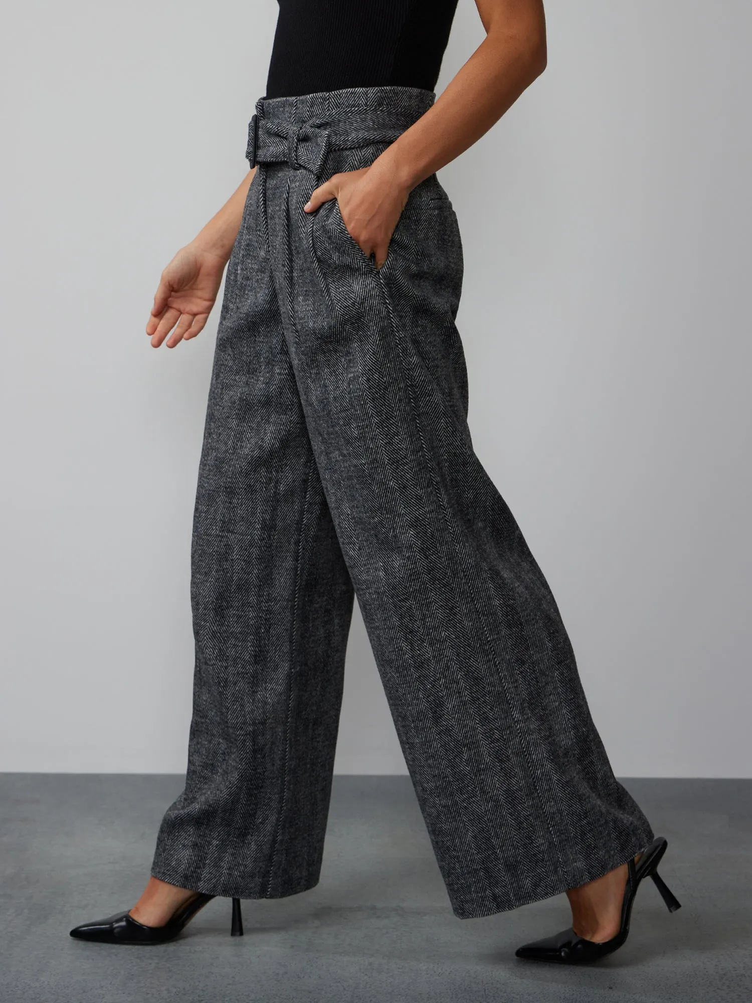 Belted Wide Leg Tweed Pant