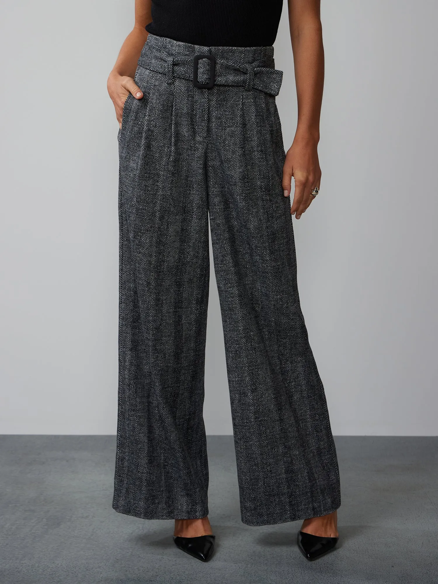 Belted Wide Leg Tweed Pant