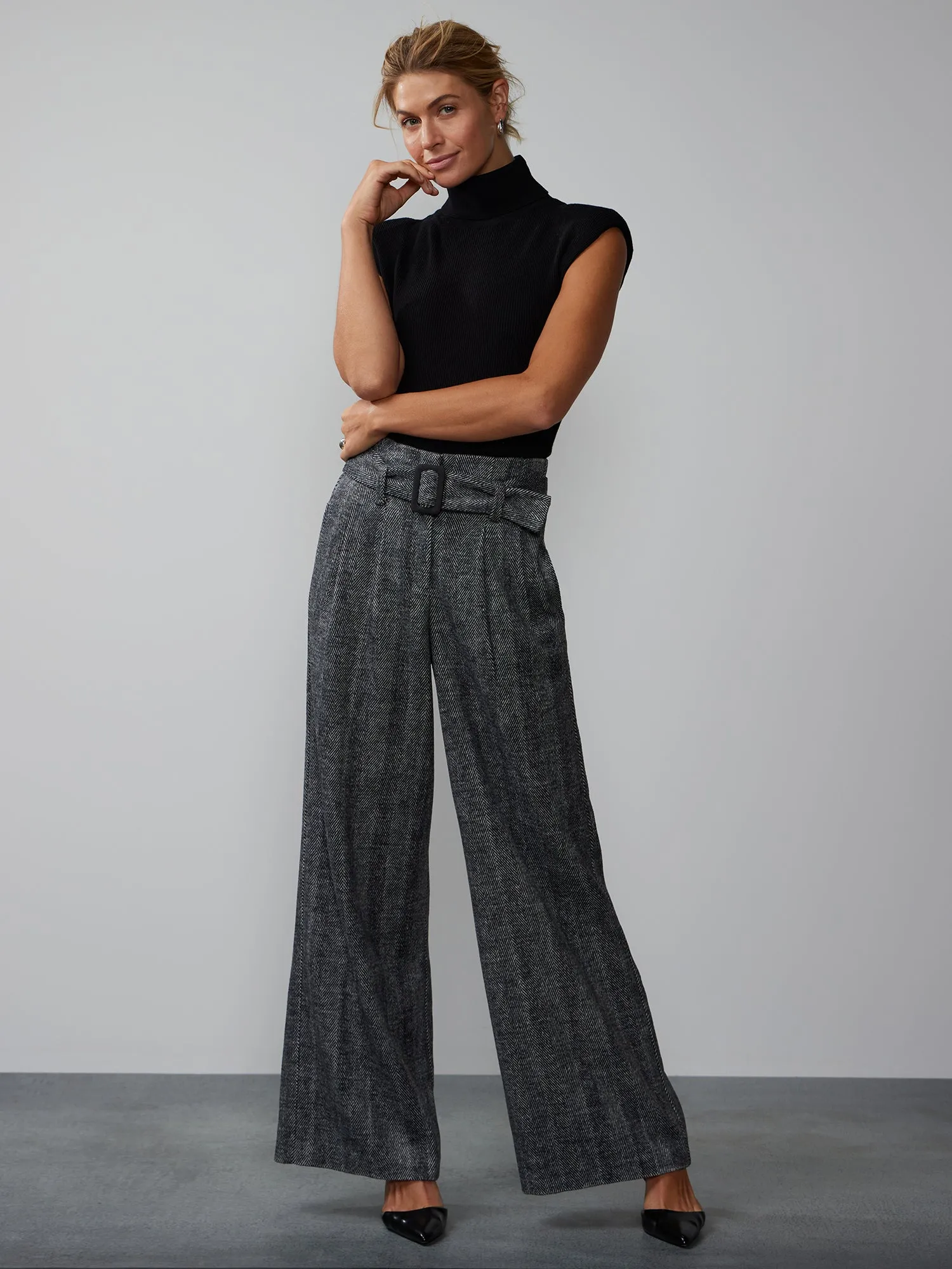 Belted Wide Leg Tweed Pant