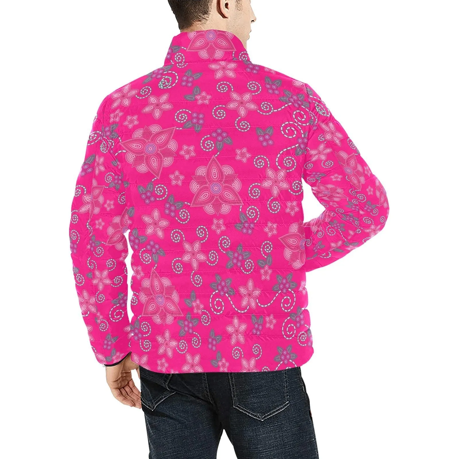 Berry Picking Pink Men's Stand Collar Padded Jacket