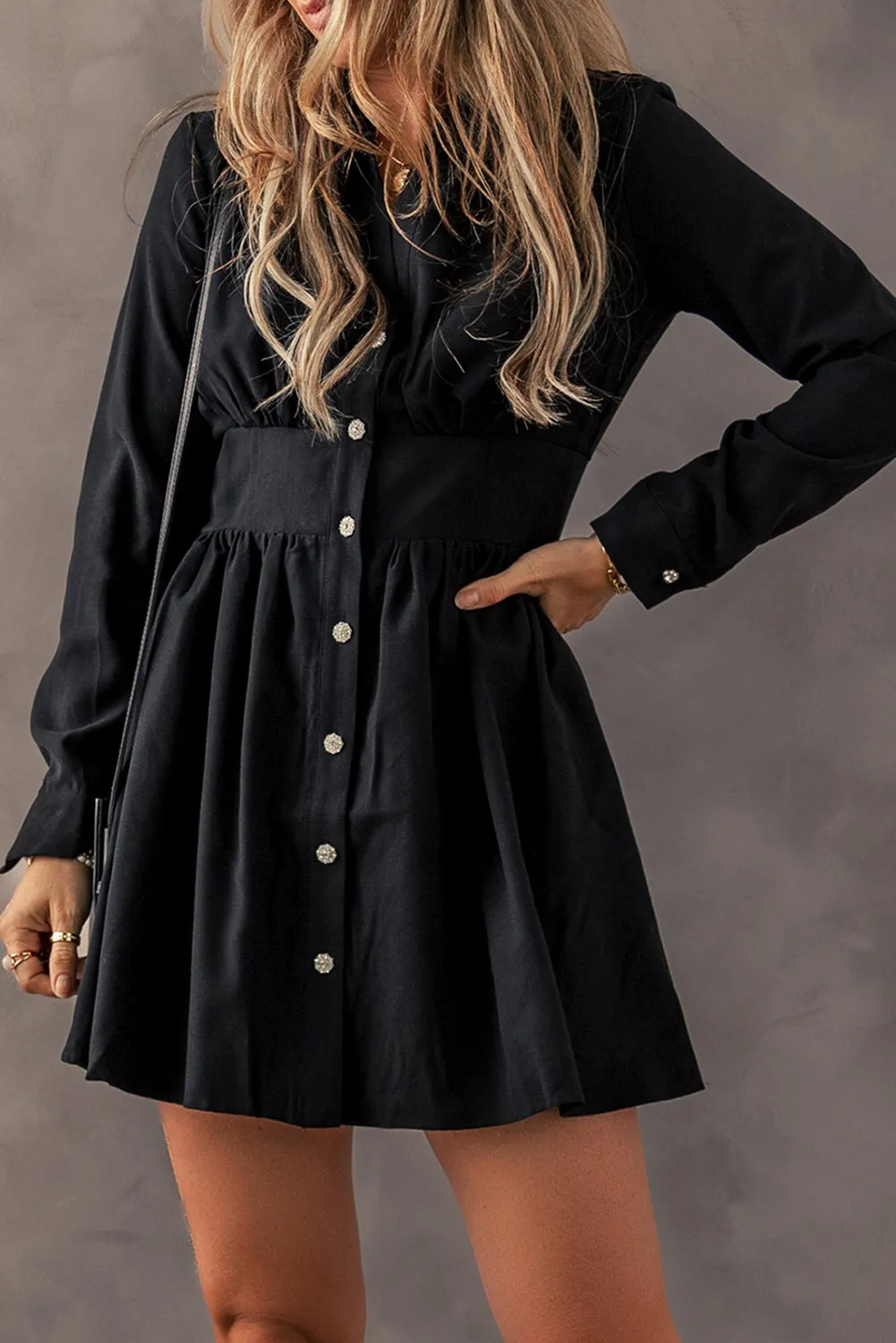 Black Long Sleeve Button-Up Dress