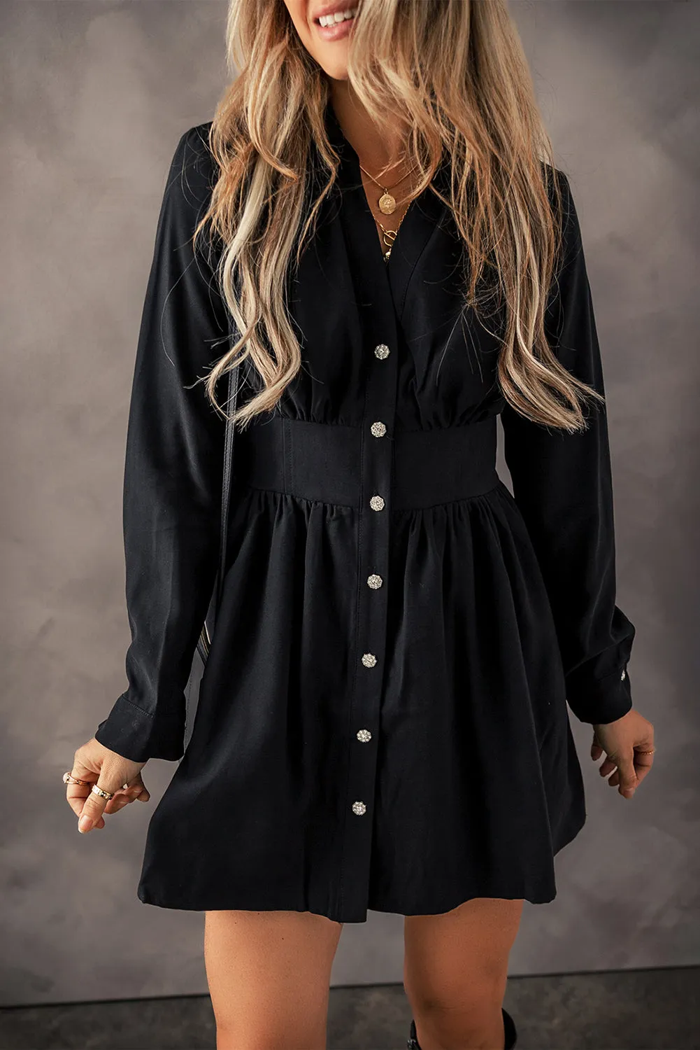 Black Long Sleeve Button-Up Dress