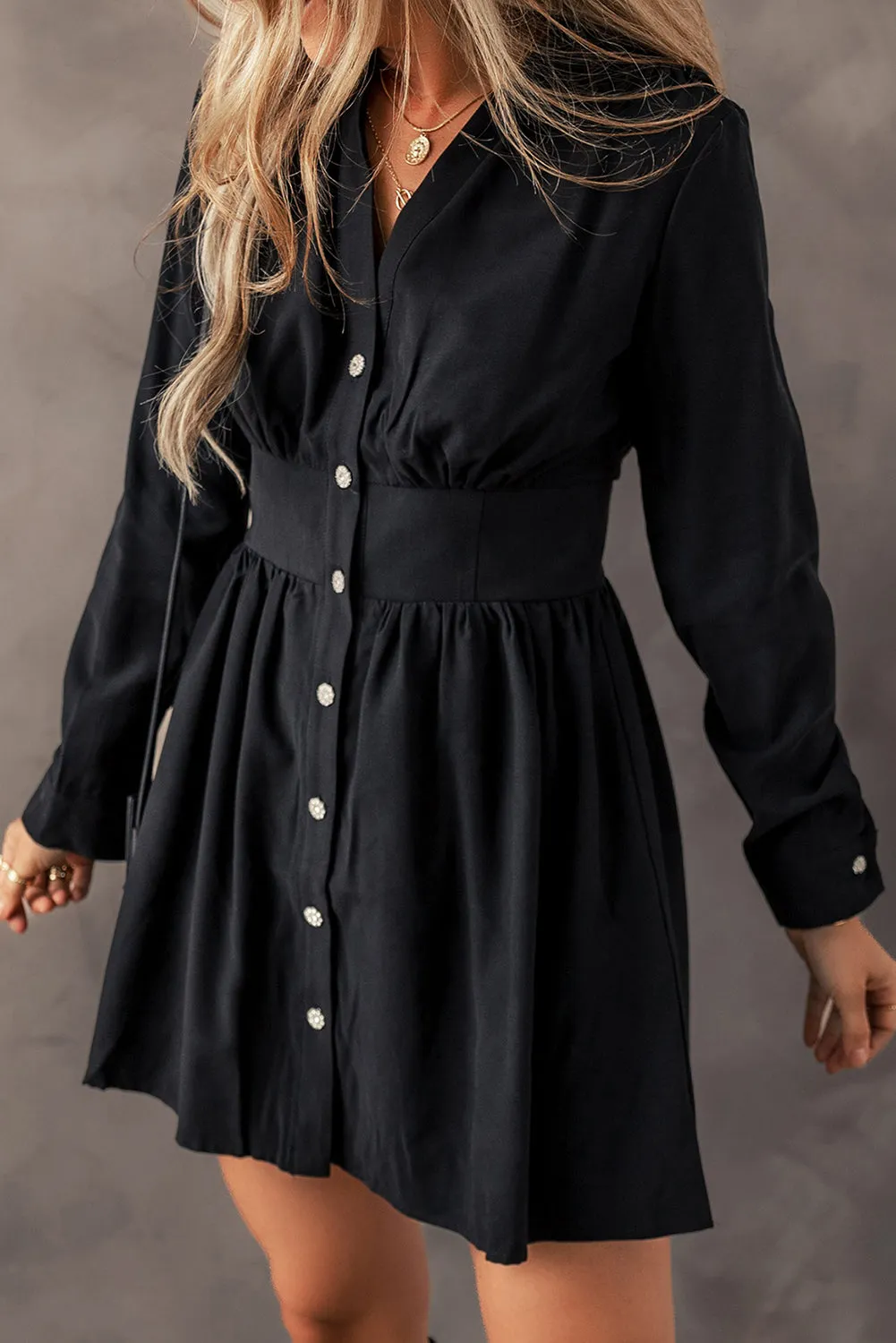 Black Long Sleeve Button-Up Dress