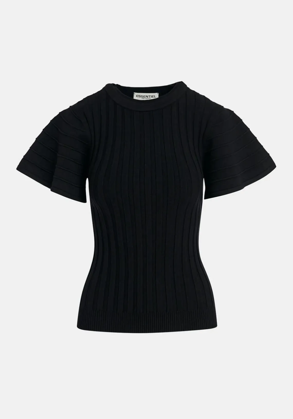 BLACK RIB-KNITTED TOP WITH FLARED SHORT SLEEVES