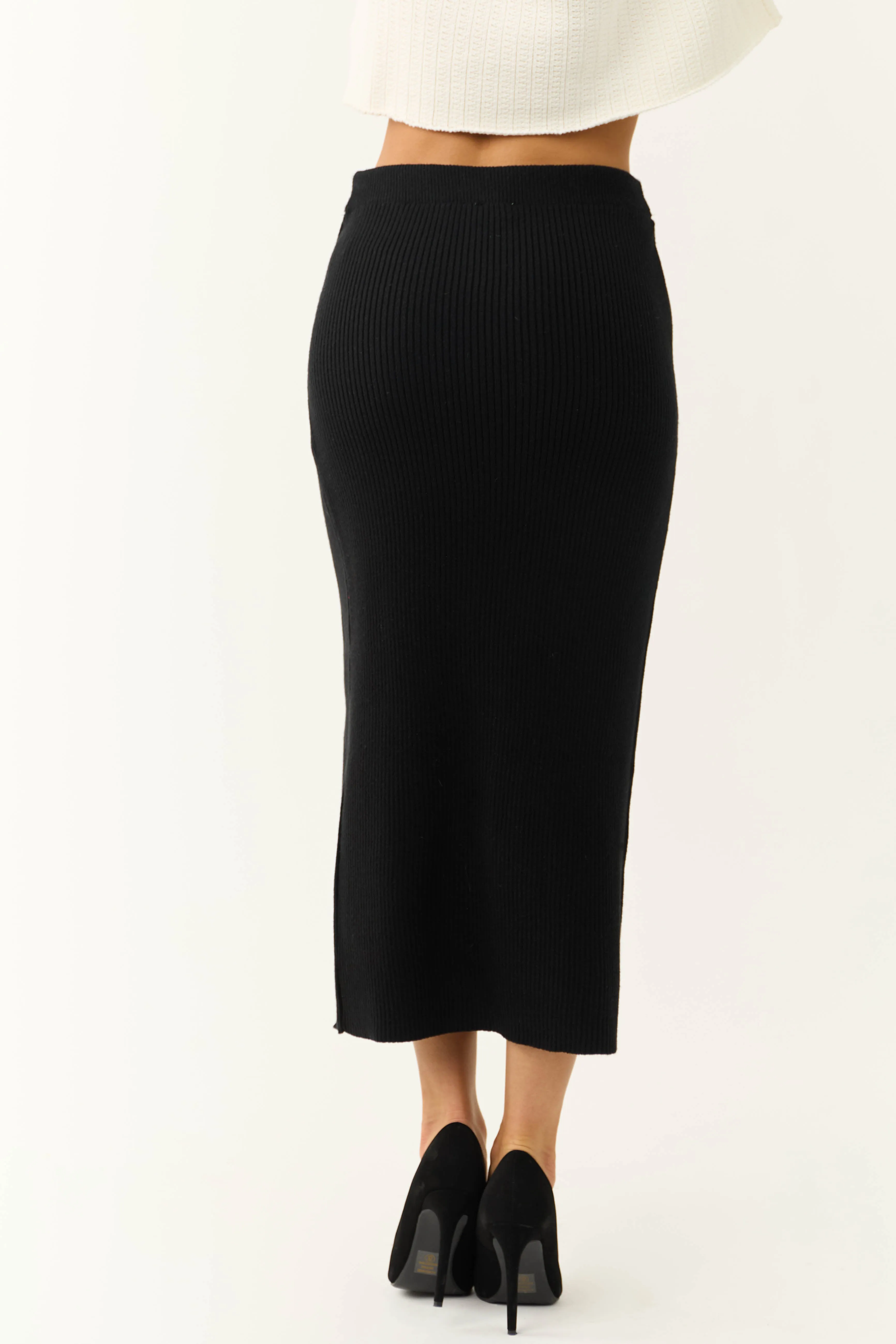 Black Thick Ribbed Knit Slit Wrap Midi Skirt