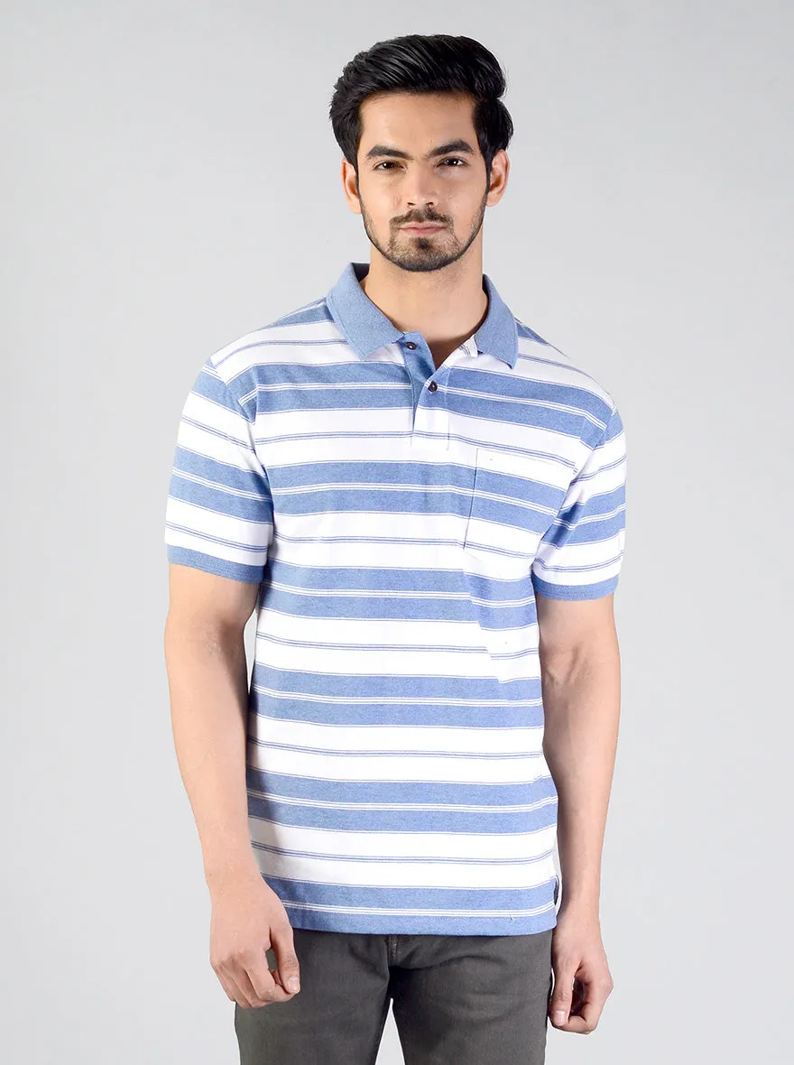 Blue & White Striped Slim Fit Polo T-shirt | Greenfibre