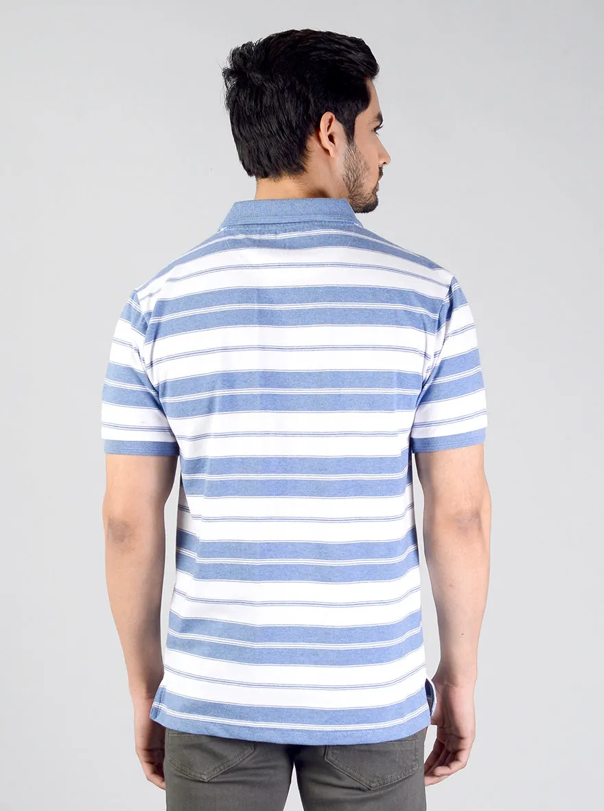 Blue & White Striped Slim Fit Polo T-shirt | Greenfibre