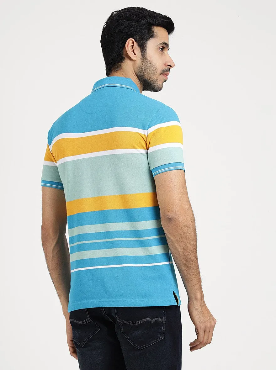 Blue Striped Slim Fit Polo T-Shirt | JadeBlue