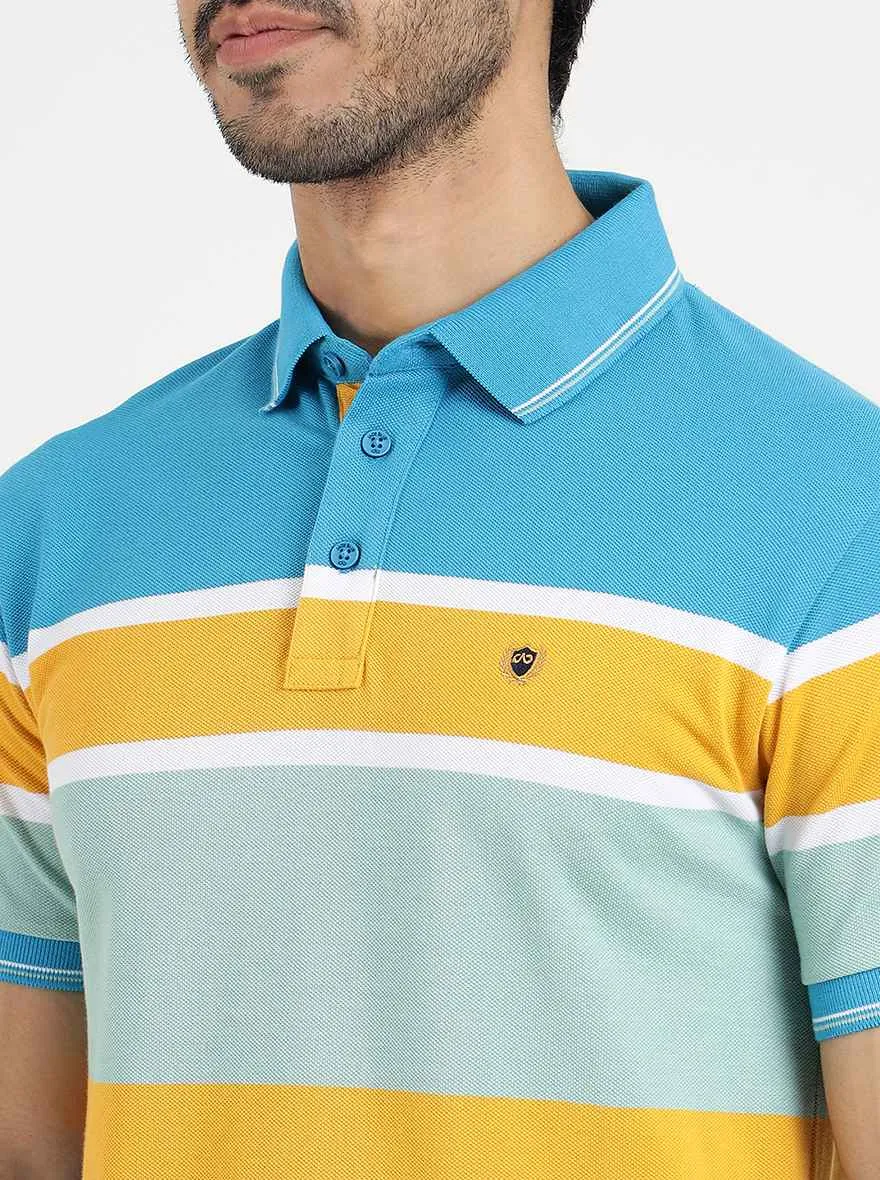 Blue Striped Slim Fit Polo T-Shirt | JadeBlue