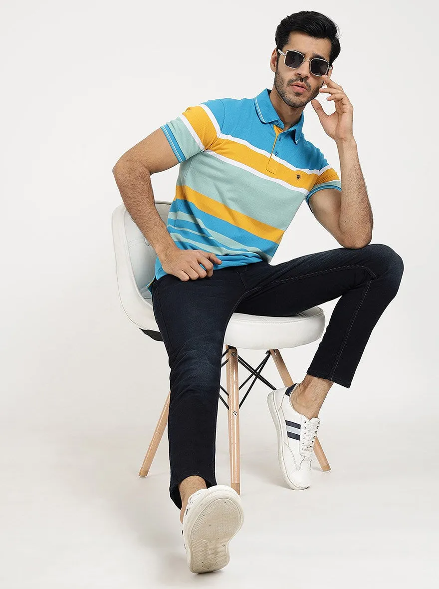 Blue Striped Slim Fit Polo T-Shirt | JadeBlue