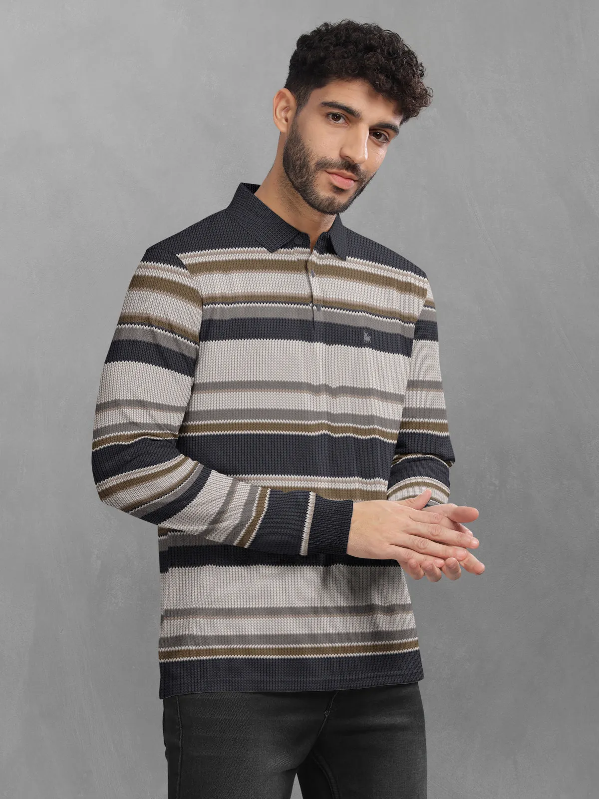 BULLMER Beige Striped Textured Printed Polo Neck FullSleeve T-shirt With Rib For Men