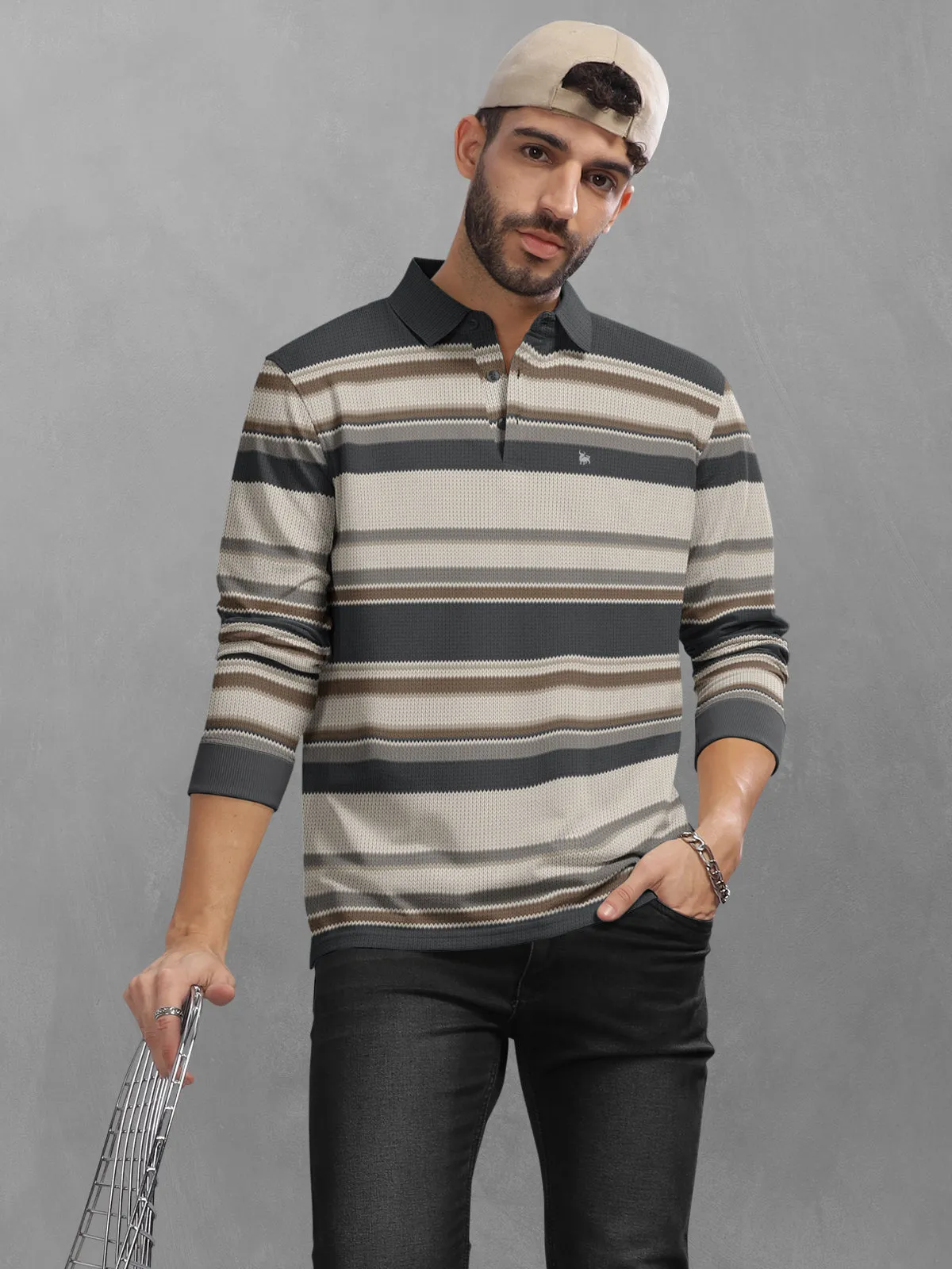 BULLMER Beige Striped Textured Printed Polo Neck FullSleeve T-shirt With Rib For Men