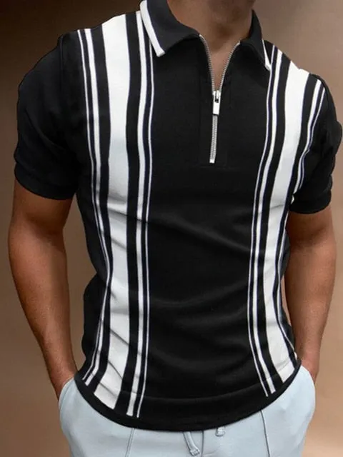 Casual Short Sleeves Striped Print Lapel Polo Shirts