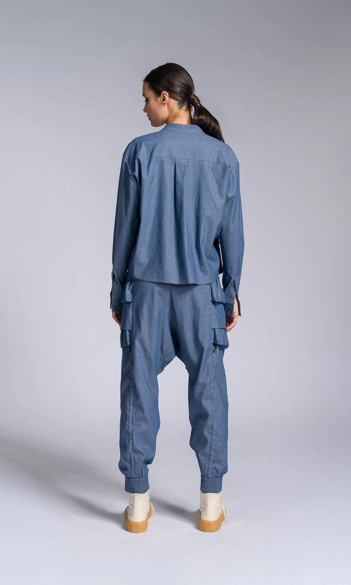 Chambray Pants with Layered Pockets