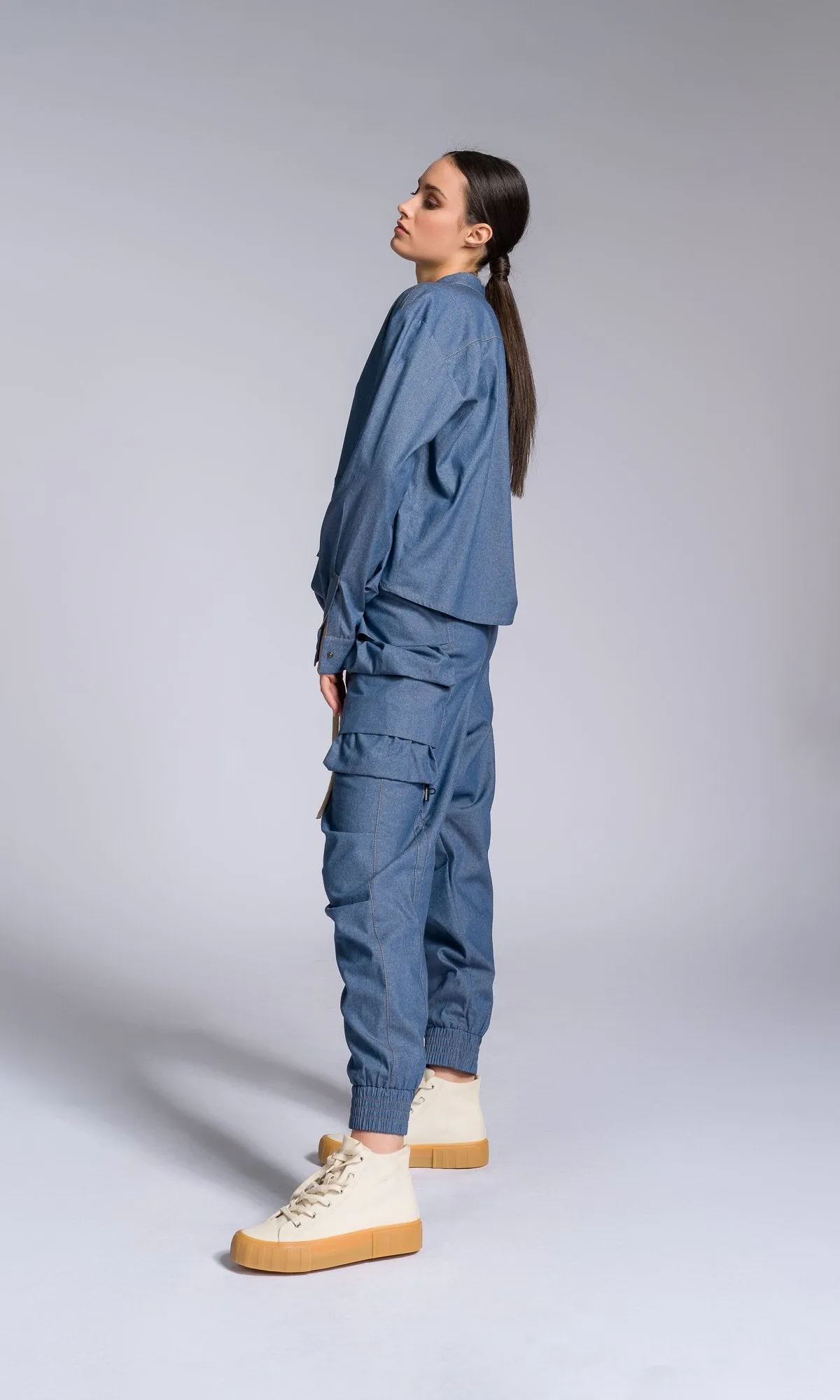 Chambray Pants with Layered Pockets