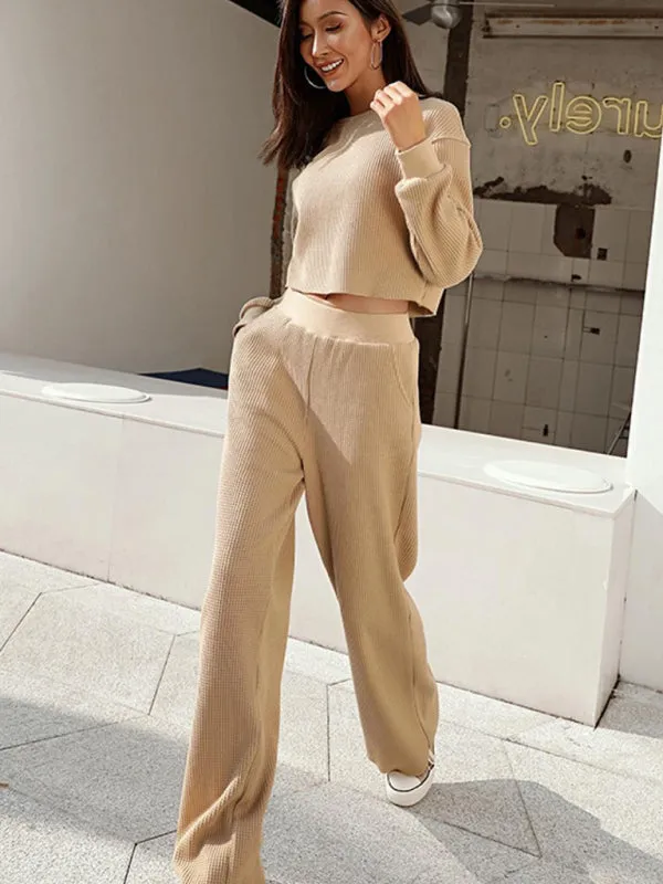 Comfy Long Sleeve Crop Pullover   Flared Pants in Waffle Textured Finish