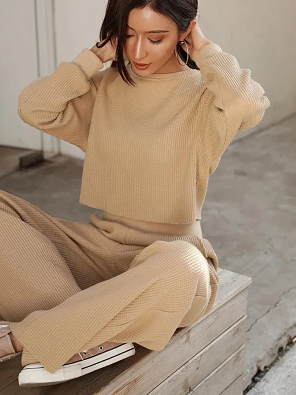 Comfy Long Sleeve Crop Pullover   Flared Pants in Waffle Textured Finish