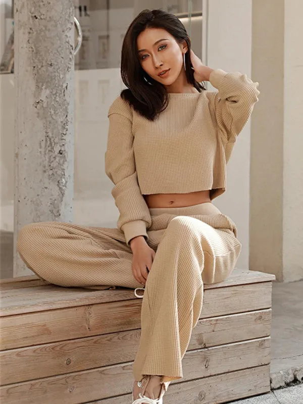 Comfy Long Sleeve Crop Pullover   Flared Pants in Waffle Textured Finish