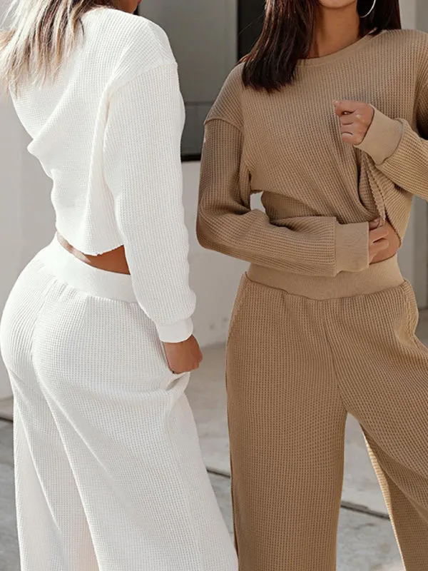 Comfy Long Sleeve Crop Pullover   Flared Pants in Waffle Textured Finish