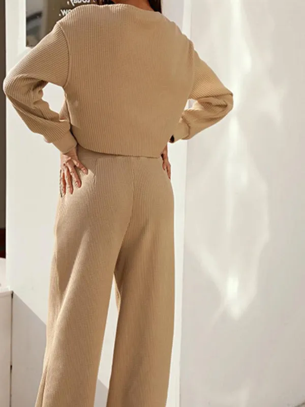 Comfy Long Sleeve Crop Pullover   Flared Pants in Waffle Textured Finish