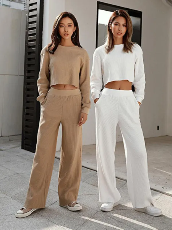 Comfy Long Sleeve Crop Pullover   Flared Pants in Waffle Textured Finish