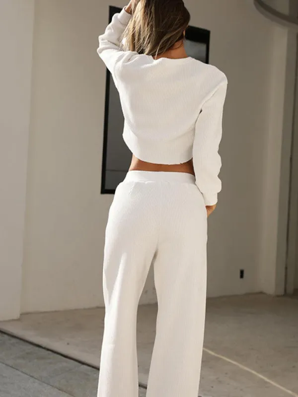 Comfy Long Sleeve Crop Pullover   Flared Pants in Waffle Textured Finish