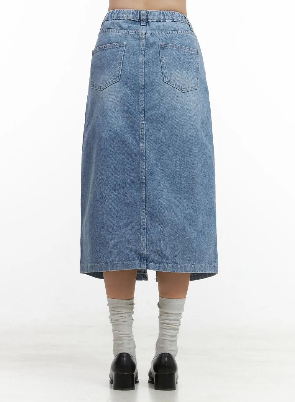 Denim Slit Midi Skirt OO416