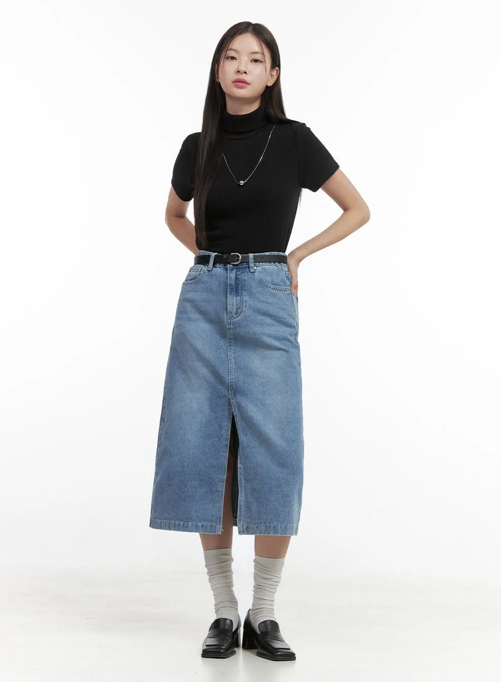 Denim Slit Midi Skirt OO416