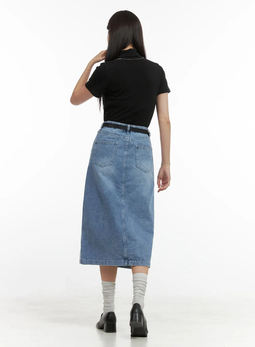 Denim Slit Midi Skirt OO416