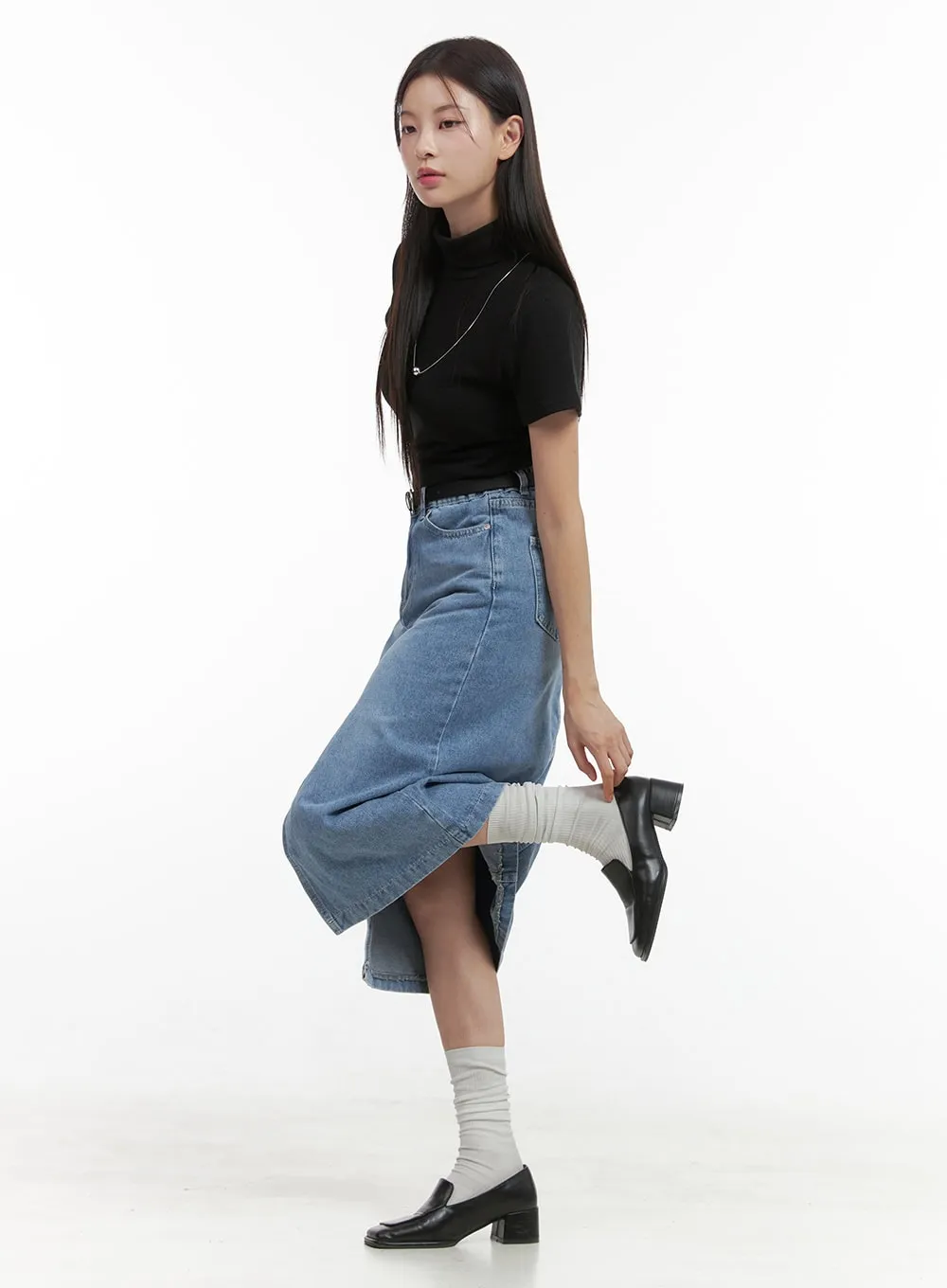 Denim Slit Midi Skirt OO416