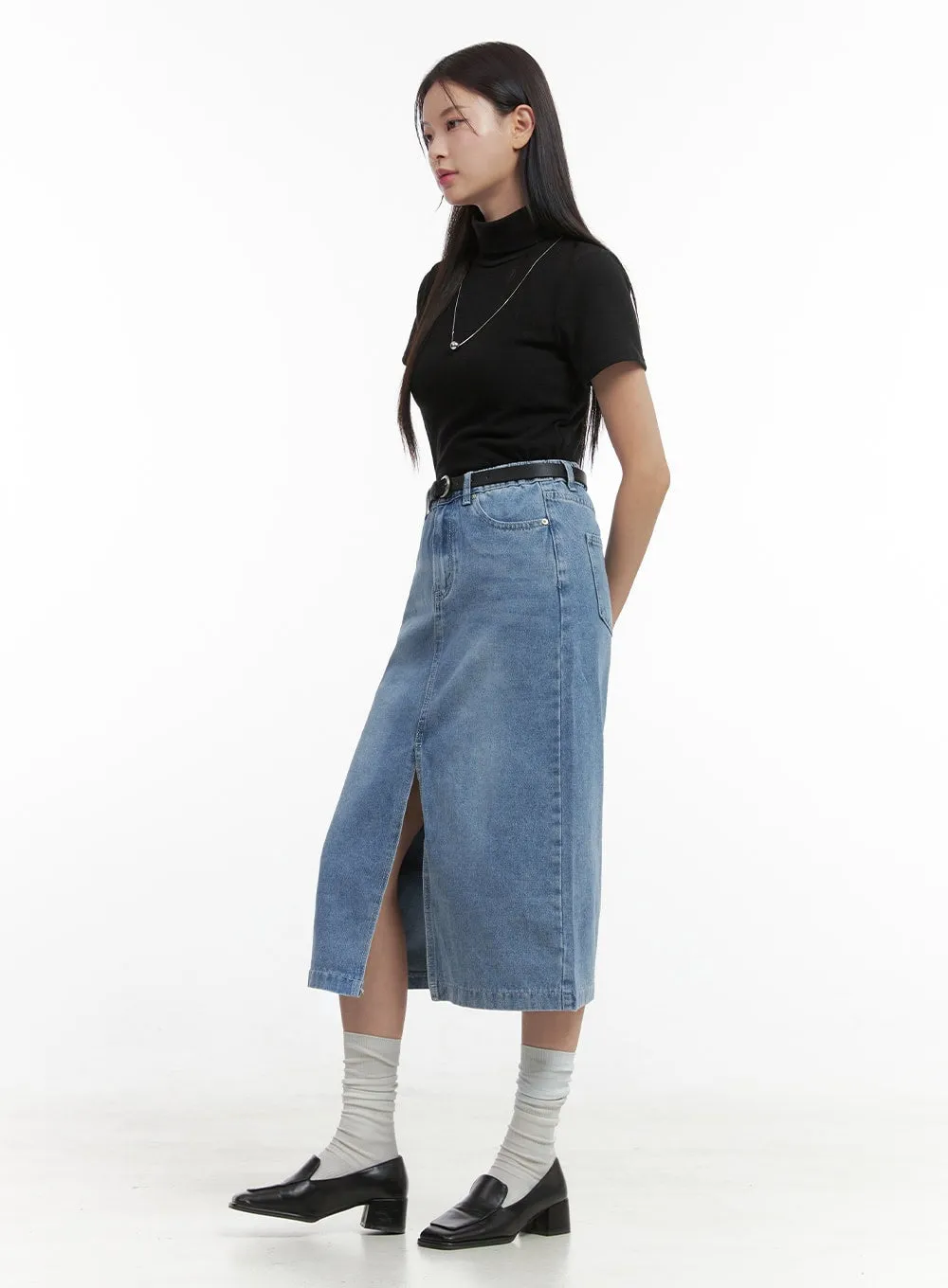 Denim Slit Midi Skirt OO416