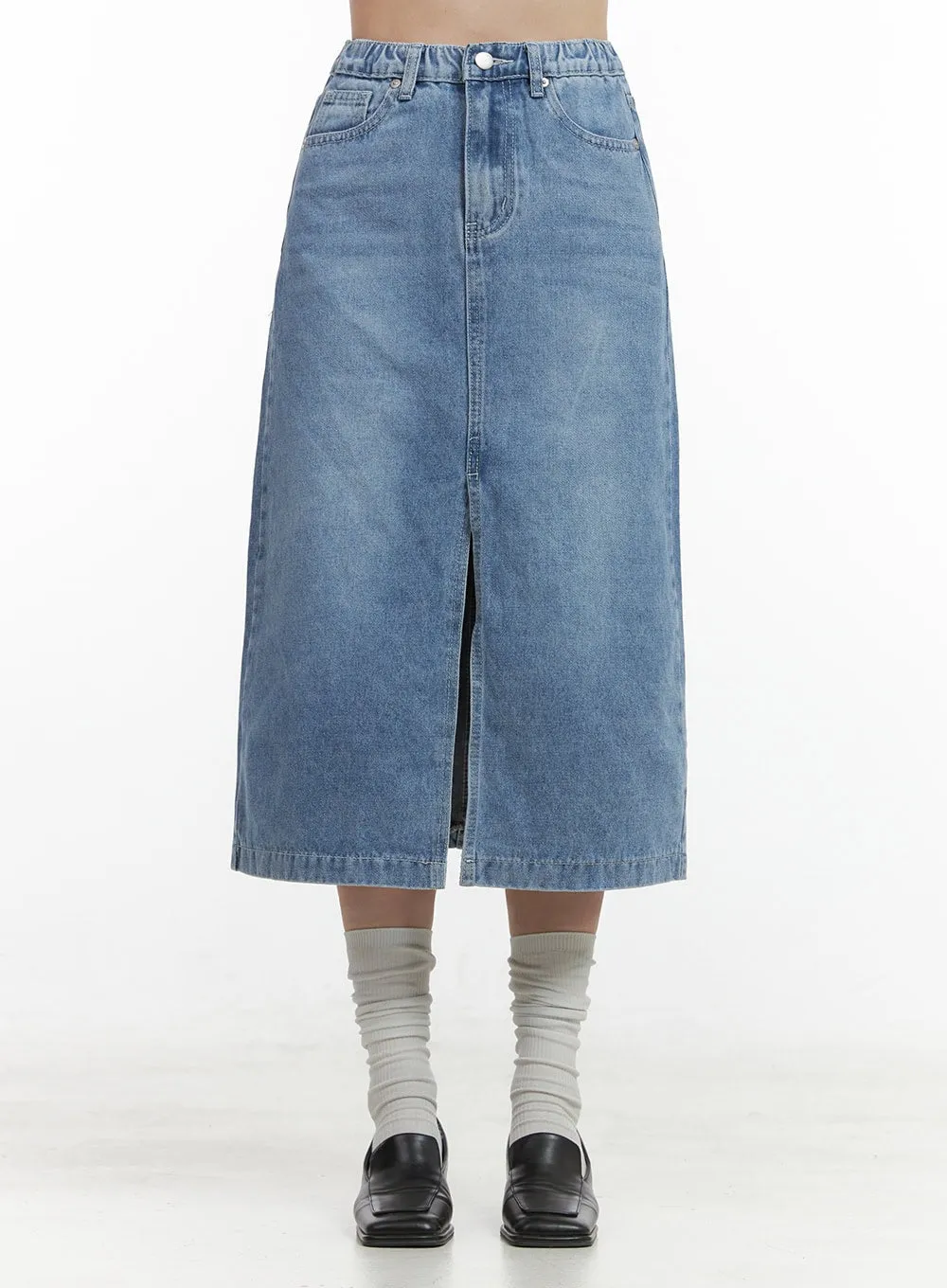 Denim Slit Midi Skirt OO416