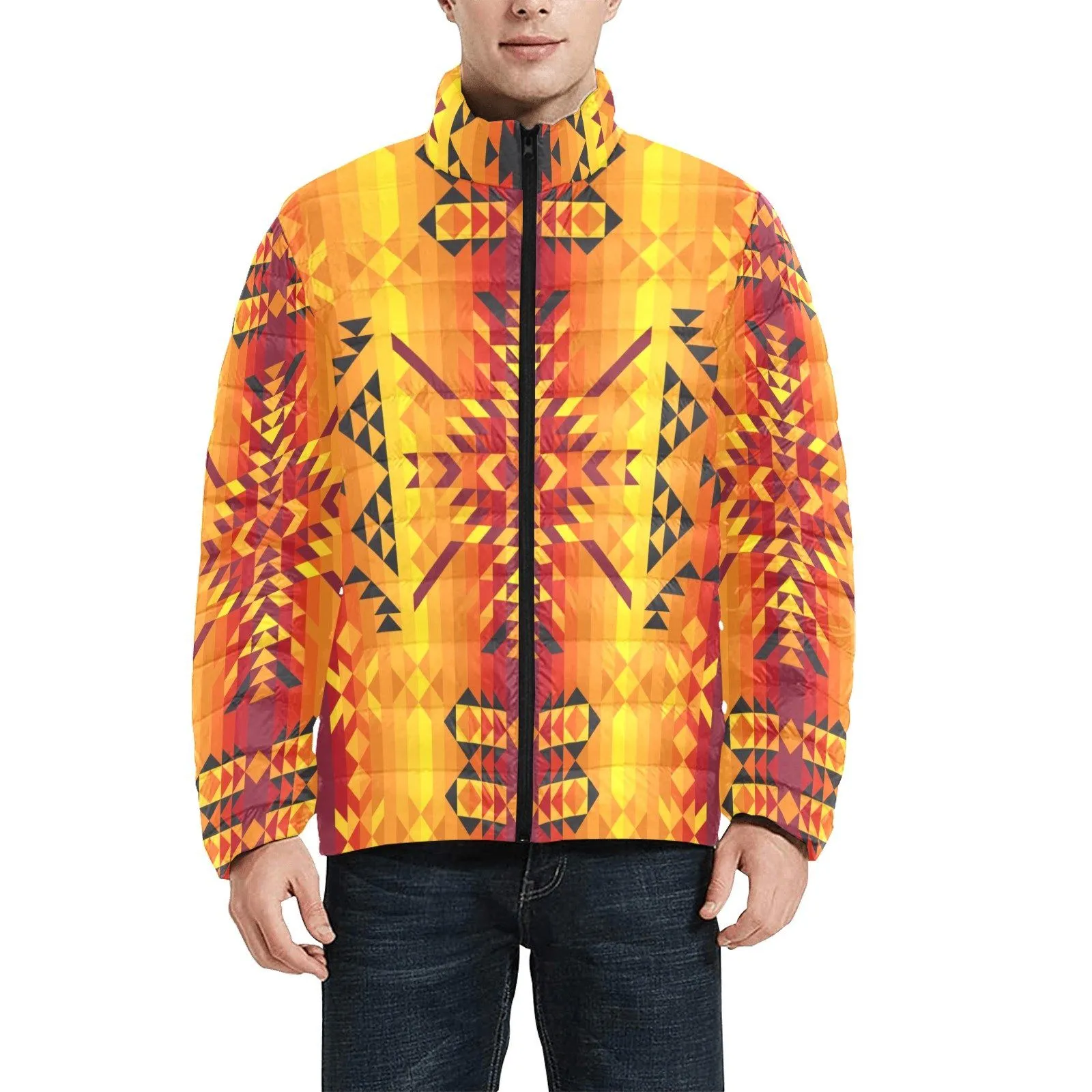 Desert Geo Yellow Red Men's Stand Collar Padded Jacket