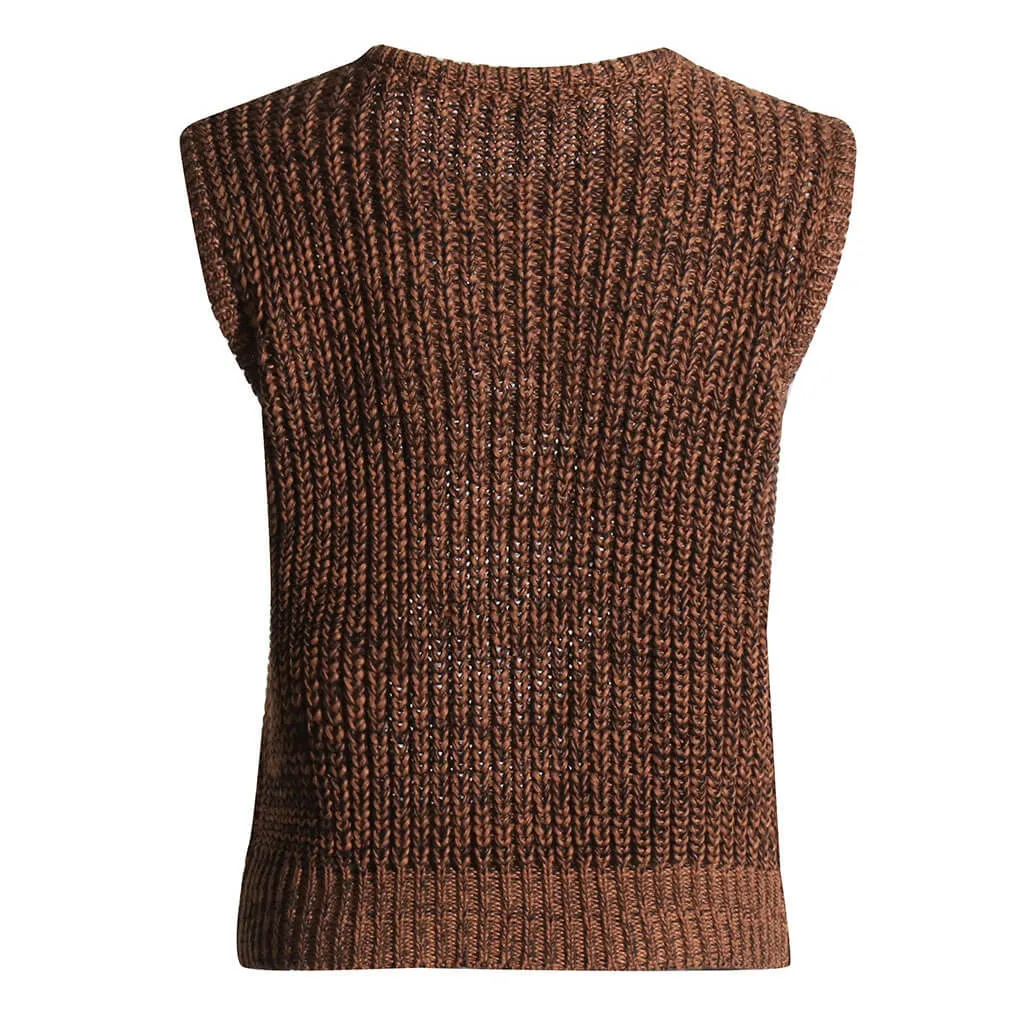 Draping Metallic Chain Distressed Front Marled Brioche Rib Knit Vest - Brown