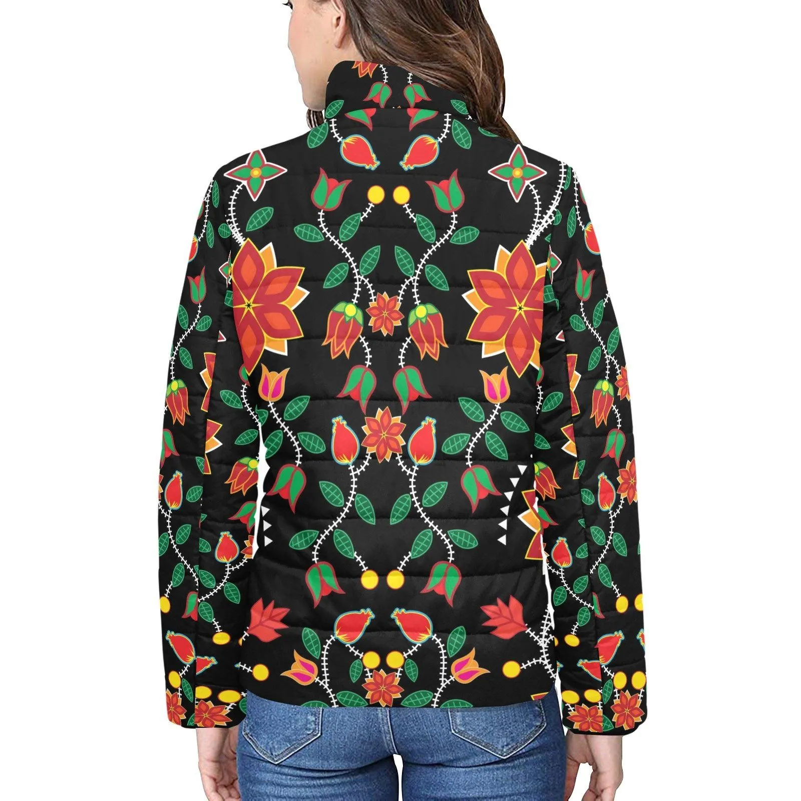 Floral Beadwork Six Bands Women's Stand Collar Padded Jacket