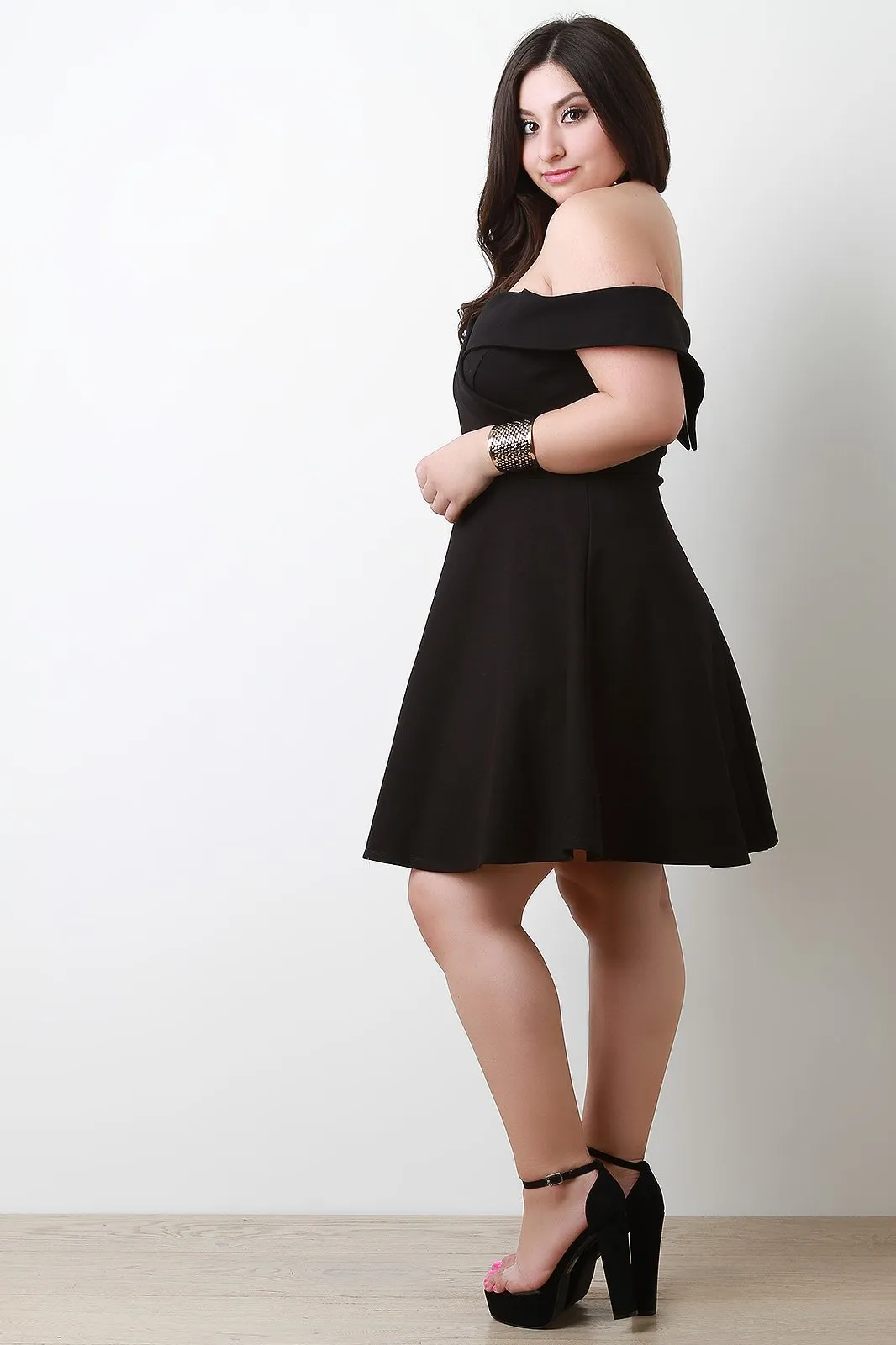 Fold Over Bardot Sweetheart Fit And Flare Dress