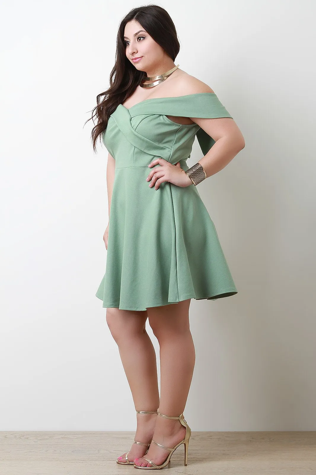 Fold Over Bardot Sweetheart Fit And Flare Dress