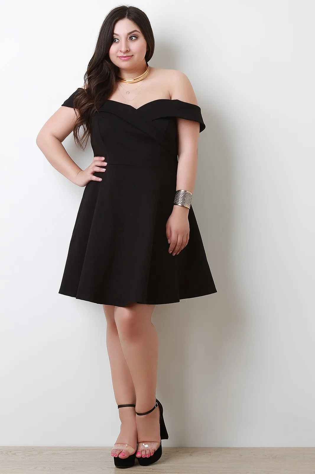 Fold Over Bardot Sweetheart Fit And Flare Dress